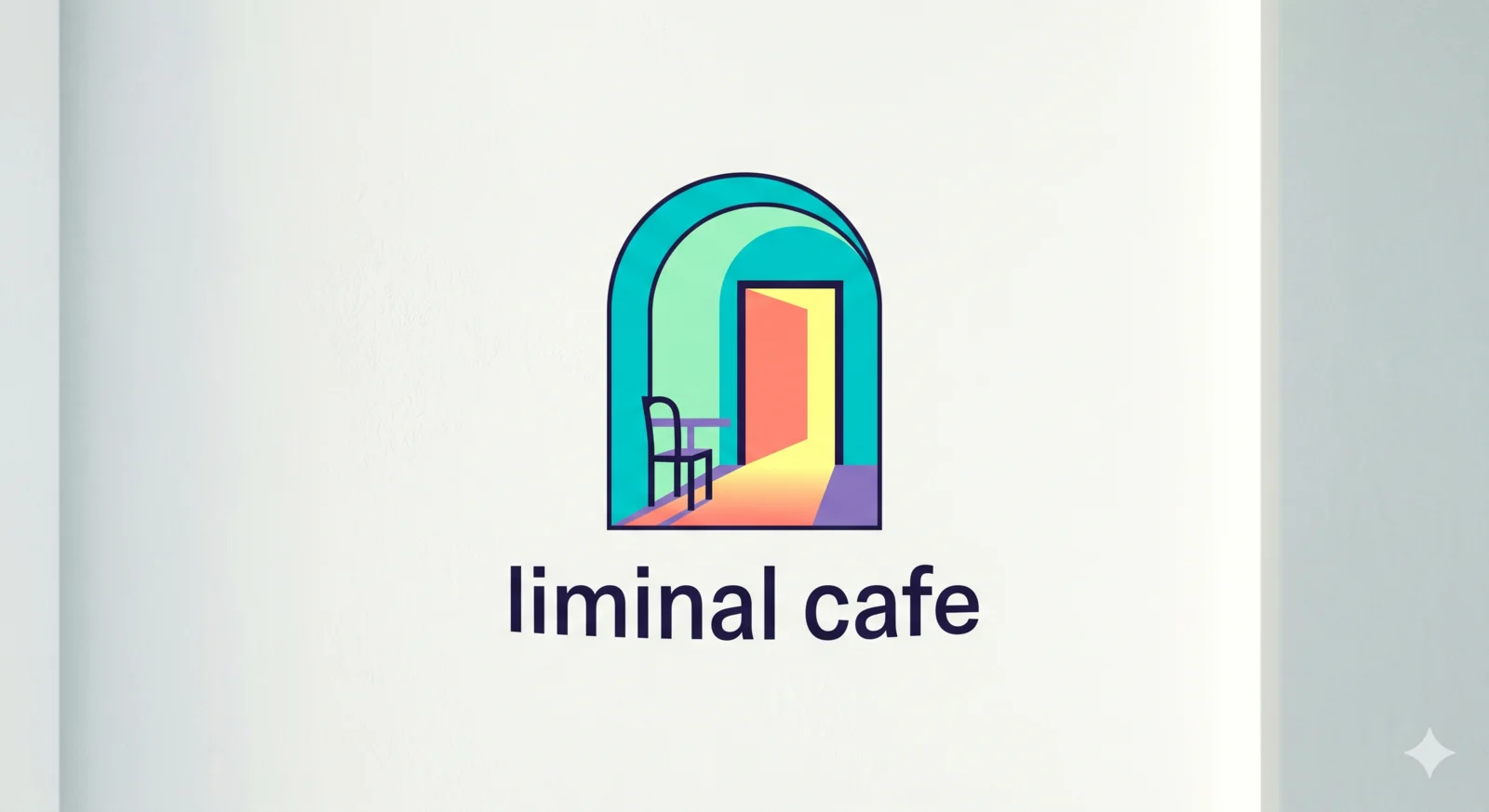 Reference artwork for liminal cafe, showing a logo with an open doorway and warm light